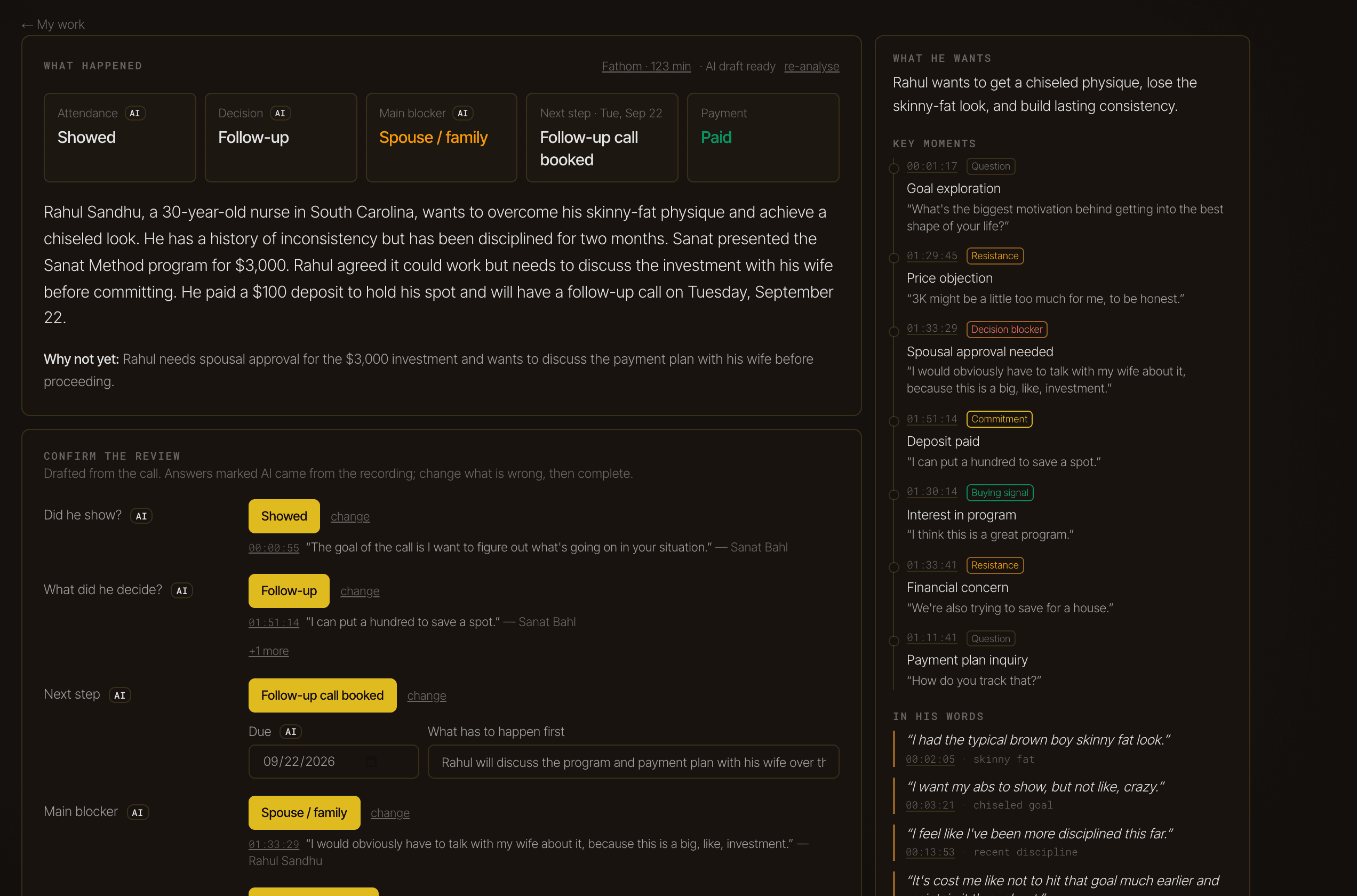 A call review: outcome, summary, key moments and the buyer's own words