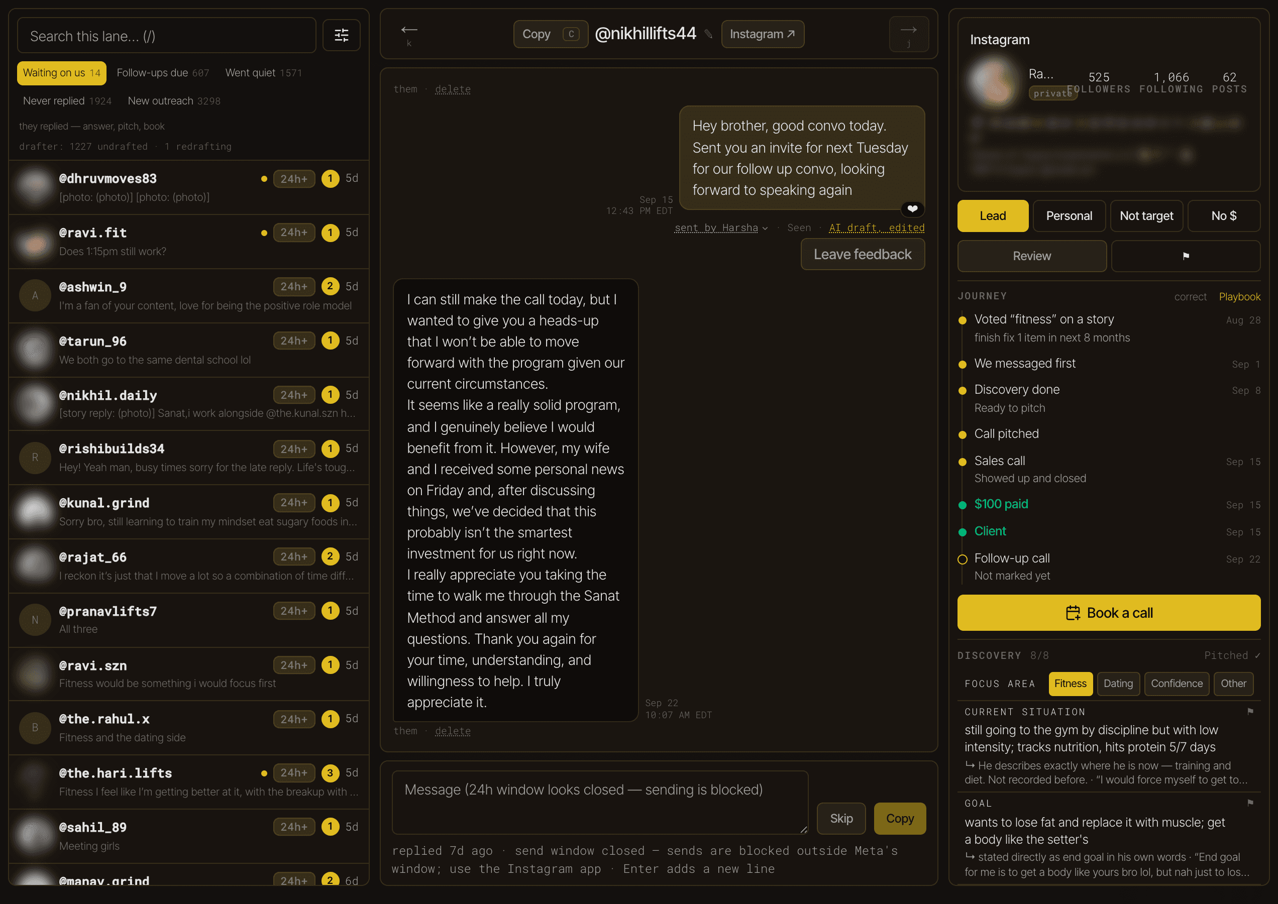 A conversation with the AI draft and the lead's details